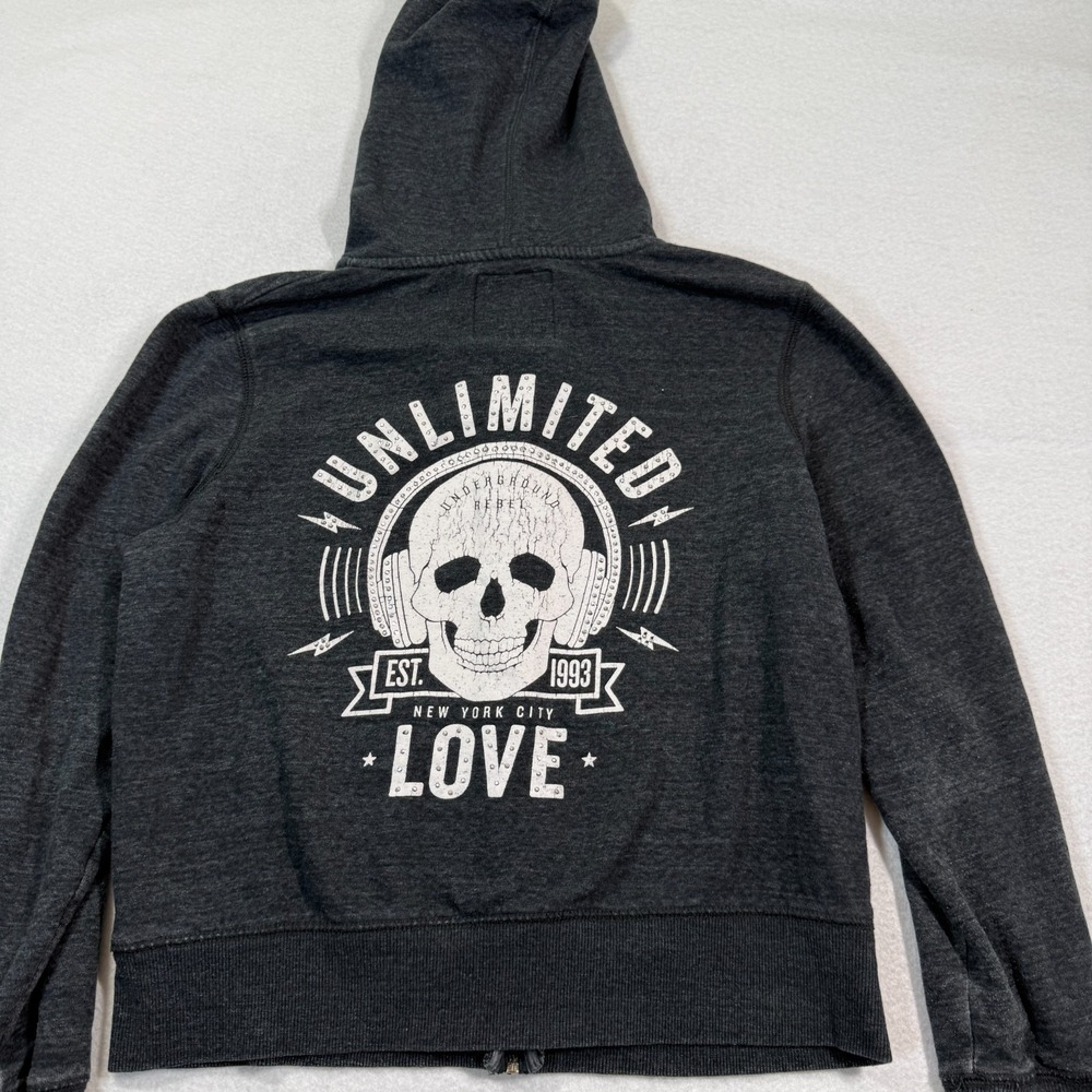 Ecko Unltd Hoodie Women Extra Large Gray Full‎ Zip Skull Love Rhinestones y2k